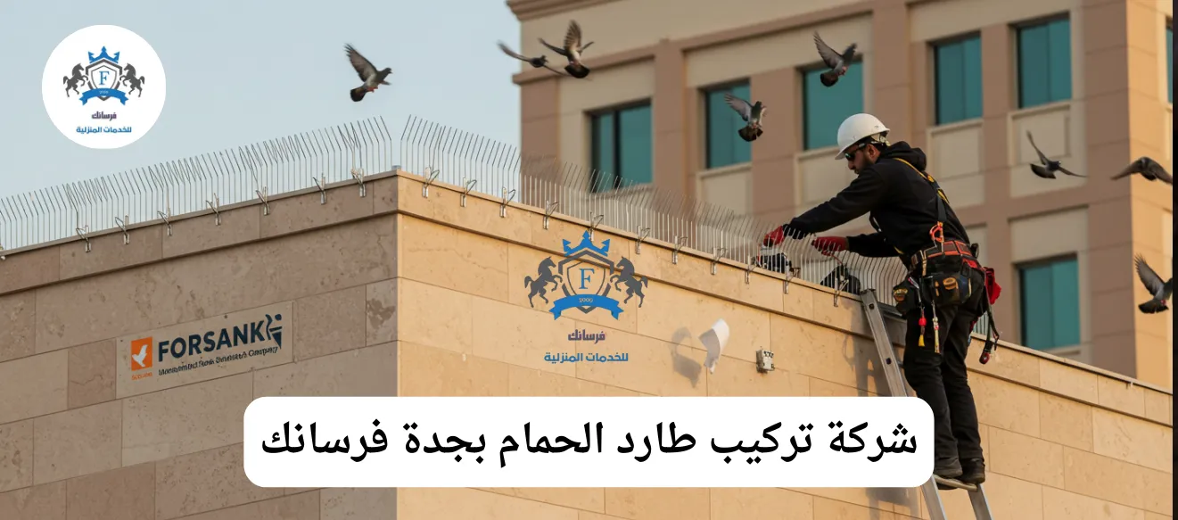 فني متخصص من فرسانك يقوم بتركيب شبك طارد للحمام على نافذة بناية حديثة في جدة